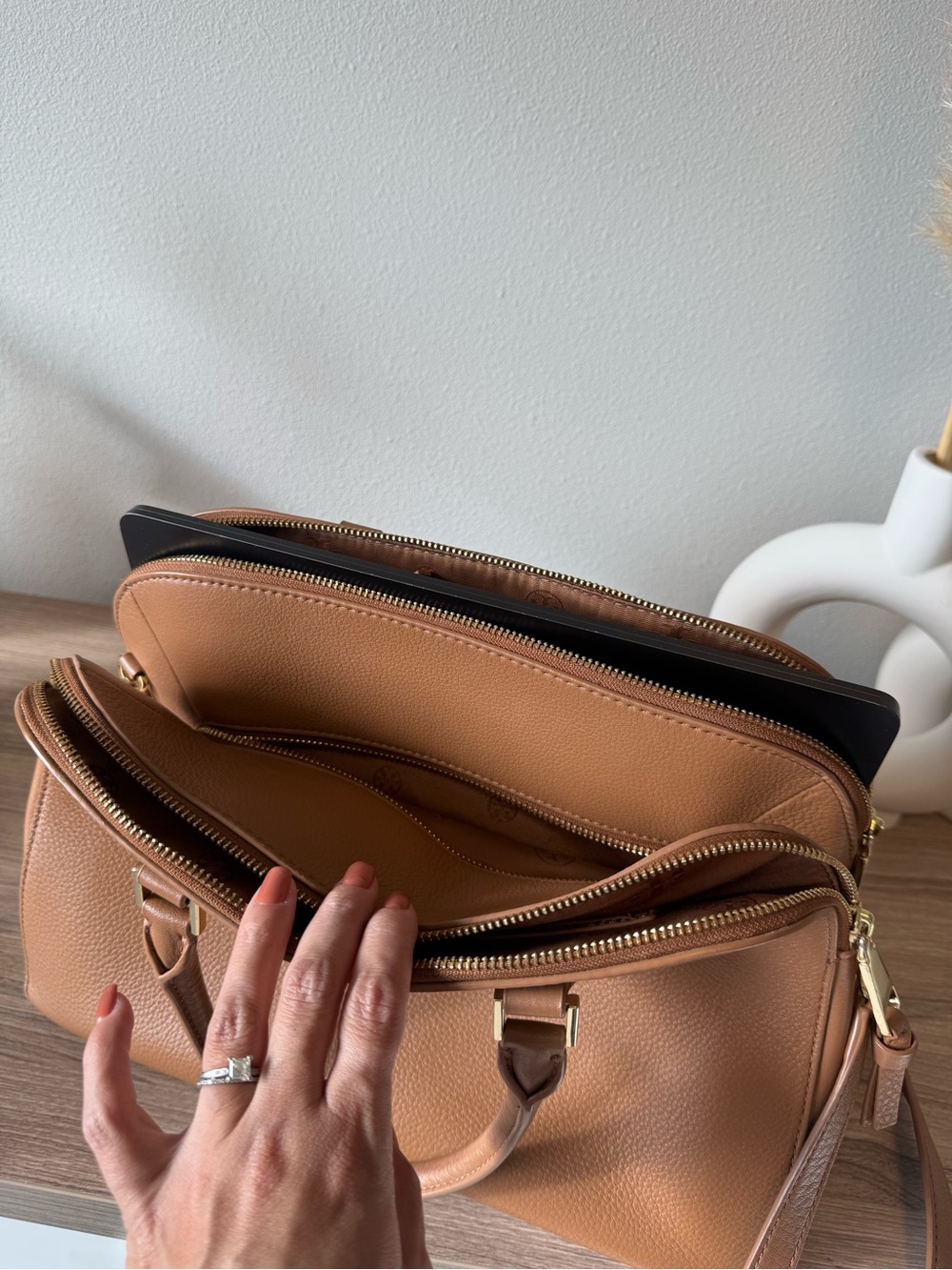 Tory Burch Pebbled Double Zip Satchel - Tan - Picture 10 of 14